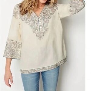 J.Jill Linen Ornate Paisley Tunic Top V
Neck Paisley 3/4 Sleeves Size Small